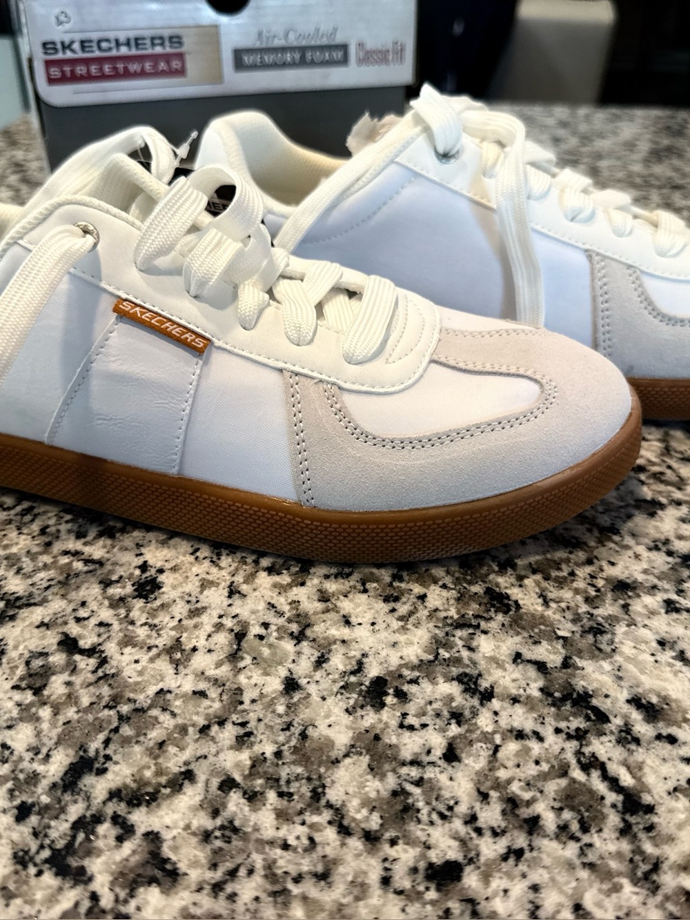 Skechers White Sneakers with Gum Brown Sole